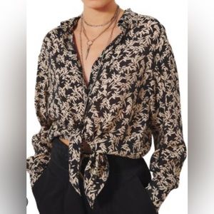 Ba&sh Tops Black Beige foliage print Tarmac Tie shirt Casual Long Sleeves Tops S